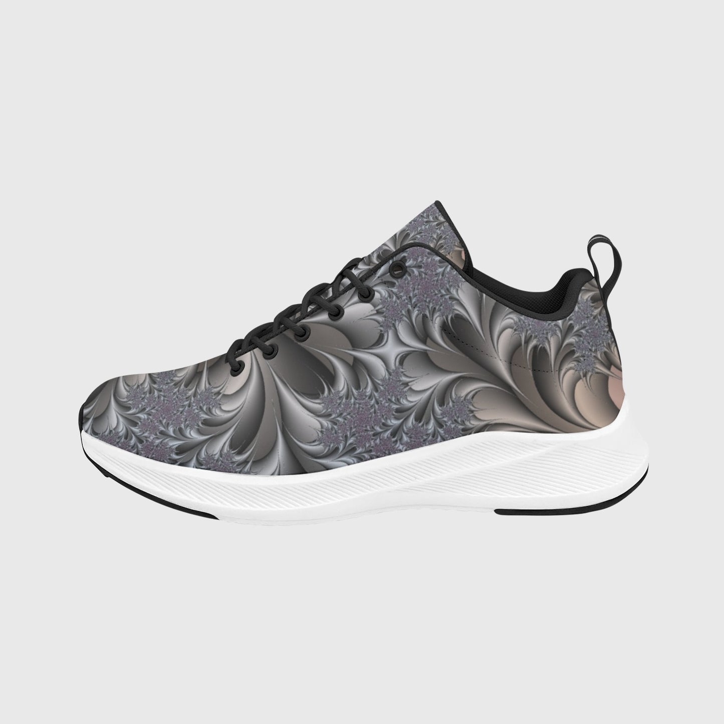 Black Silver Fractal Flowers Women's Running Shoes Athletic Sneakers