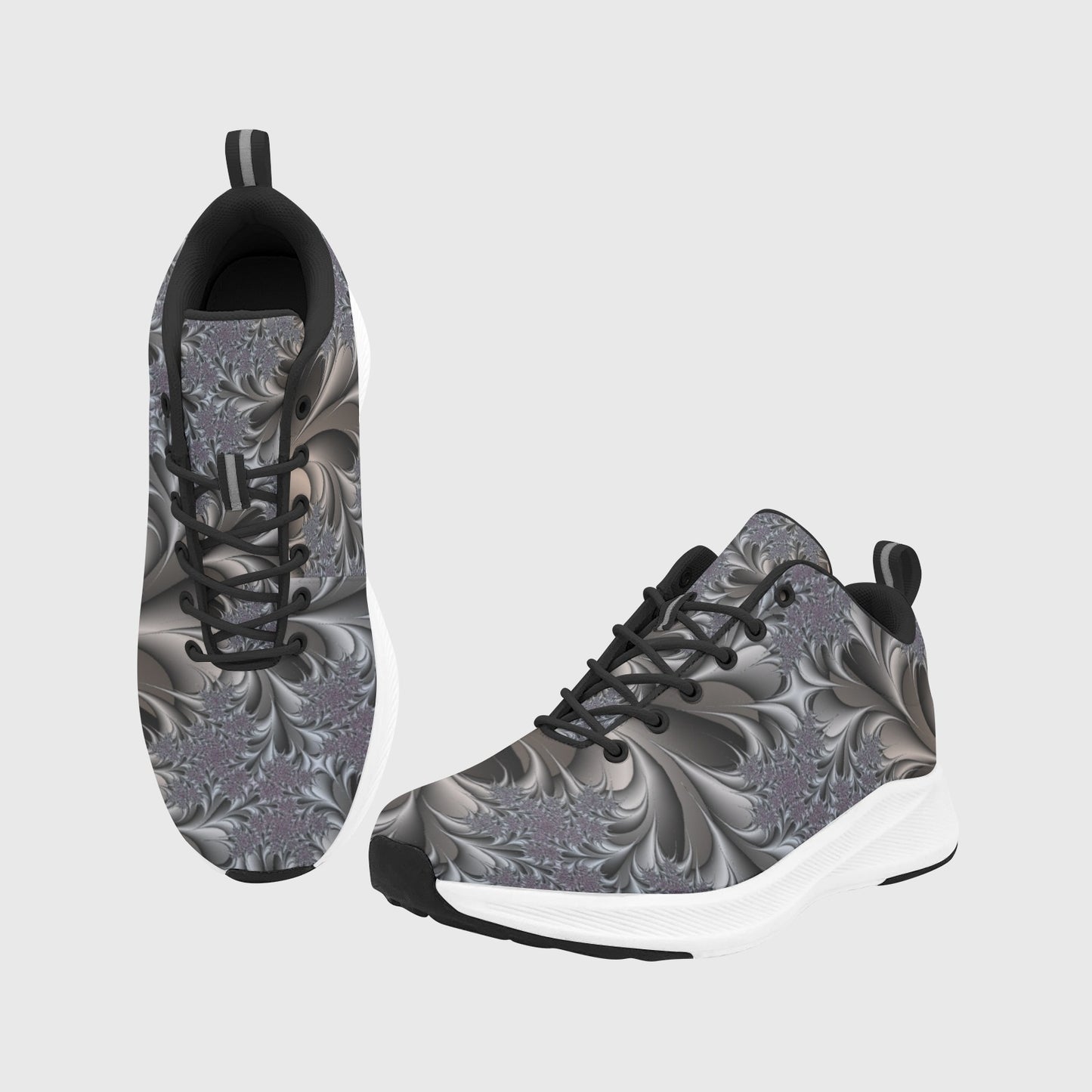 Black Silver Fractal Flowers Women's Running Shoes Athletic Sneakers